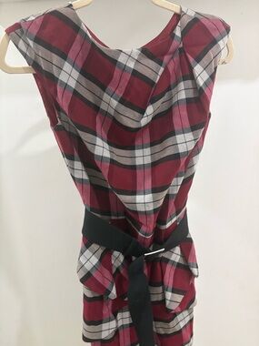 Venus Red Black White Plaid Belted Sheath Dress Boat Neck Sleeveless Size 8